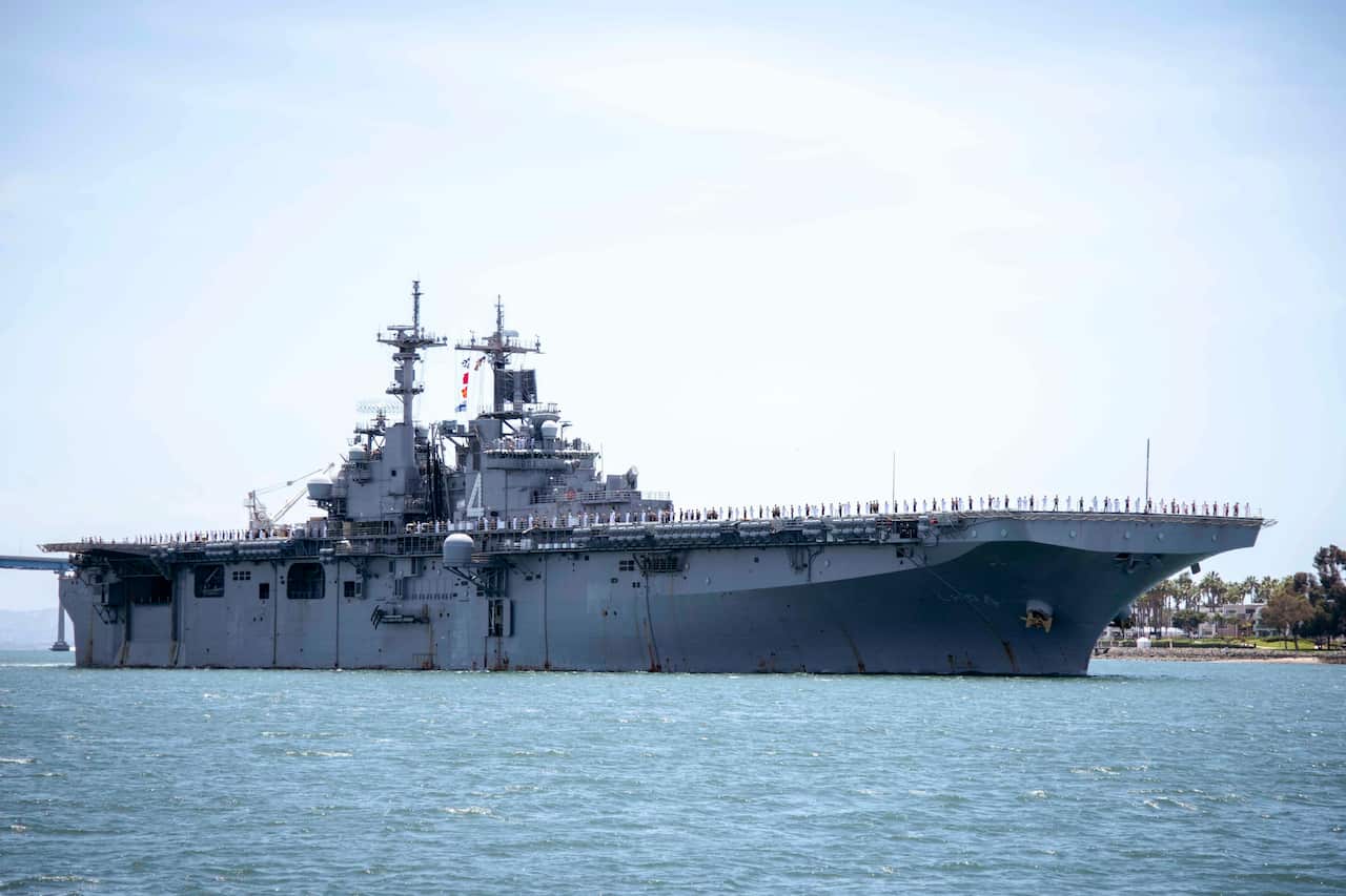 The amphibious assault ship USS Boxer. President Donald Trump says the USS Boxer destroyed an Iranian drone in the Strait of Hormuz.