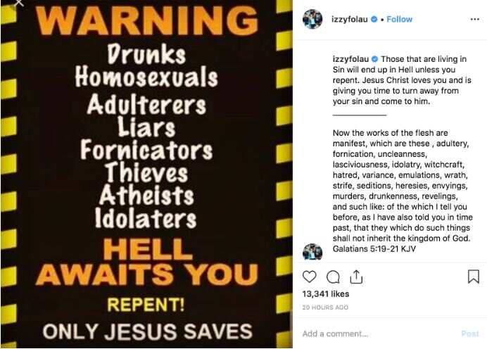 The post that got the player into hot water. 