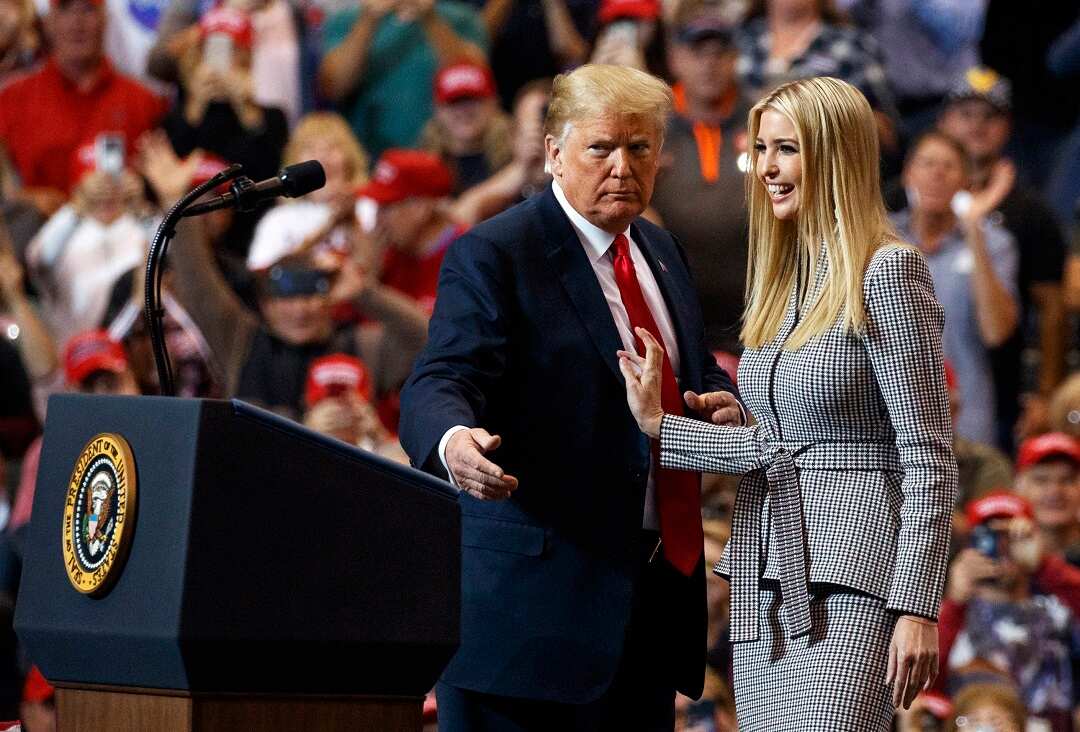 President Donald Trump greets his daughter Ivanka Trump as she arrives to speaks during a rally at the IX Center, in Cleveland, Monday, Nov. 5, 2018, (AP Photo/Carolyn Kaster)