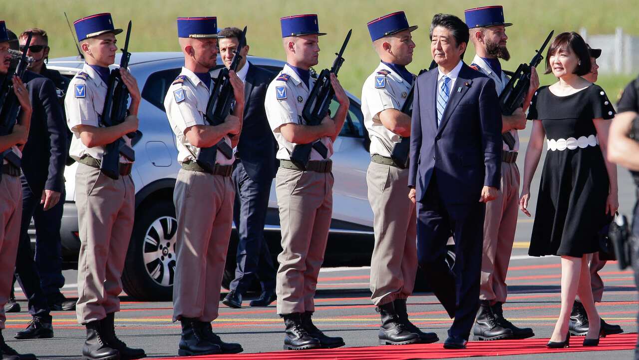Prime minister of Japon Shinzo Abe and his wife Akie Abe arrives in Biarritz, France for the G7 Summit.