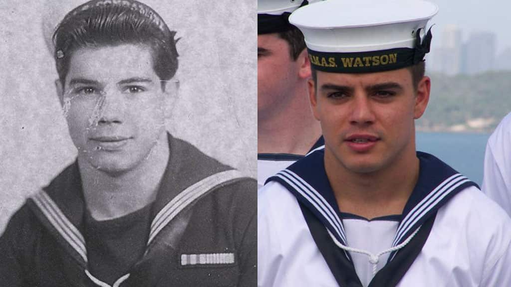 Jarryd Boyd (right) and his grandfather, Patrick Syron, who both enlisted in the Royal Australian Navy.