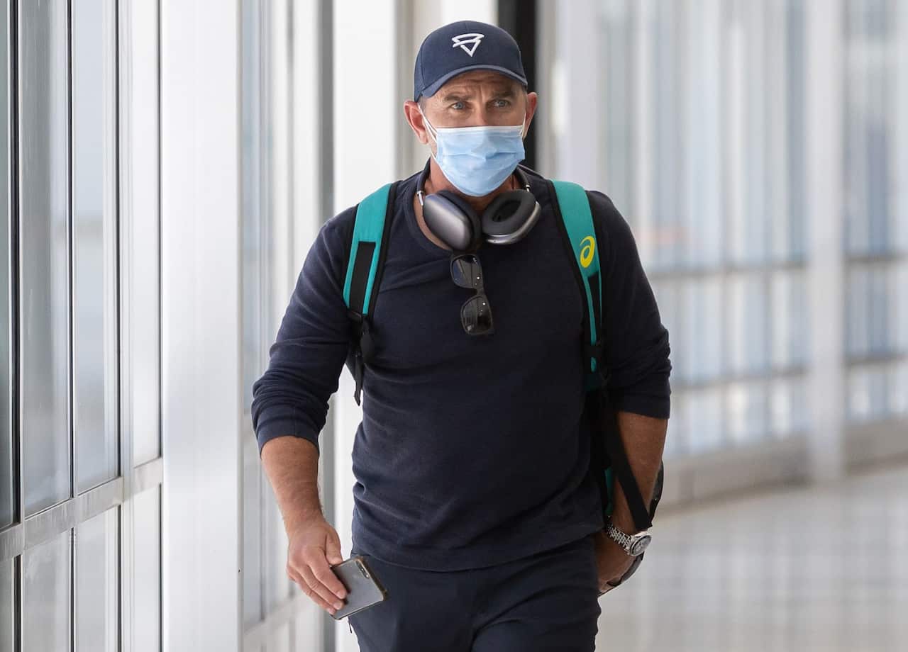 Justin Langer at Perth Domestic airport on 5 February 2022. 