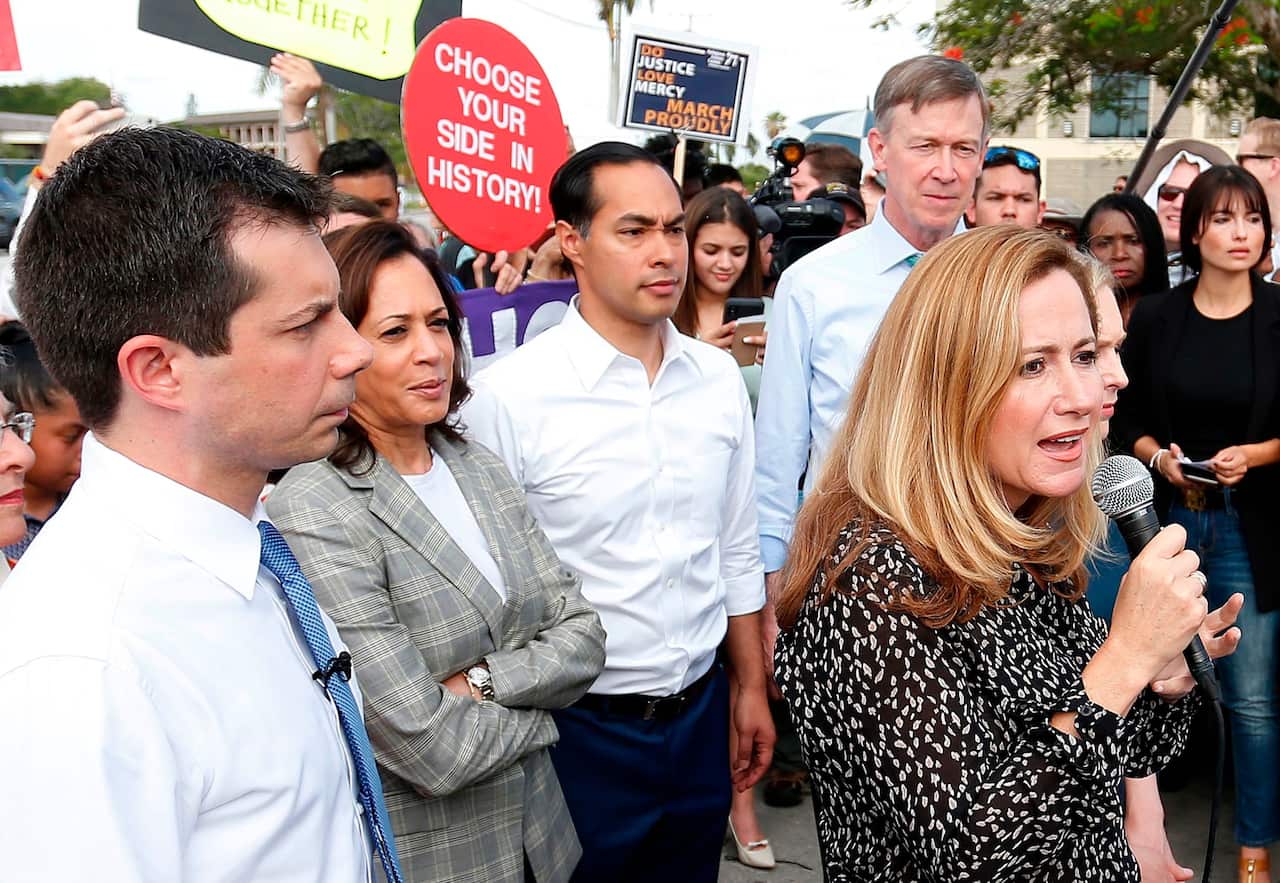 Mayor Pete Buttigieg of South Bend, Ind., left, said it was time to stop “birther-style attacks” after Senator Kamala Harris, second from left, had her racial identity questioned on Twitter.