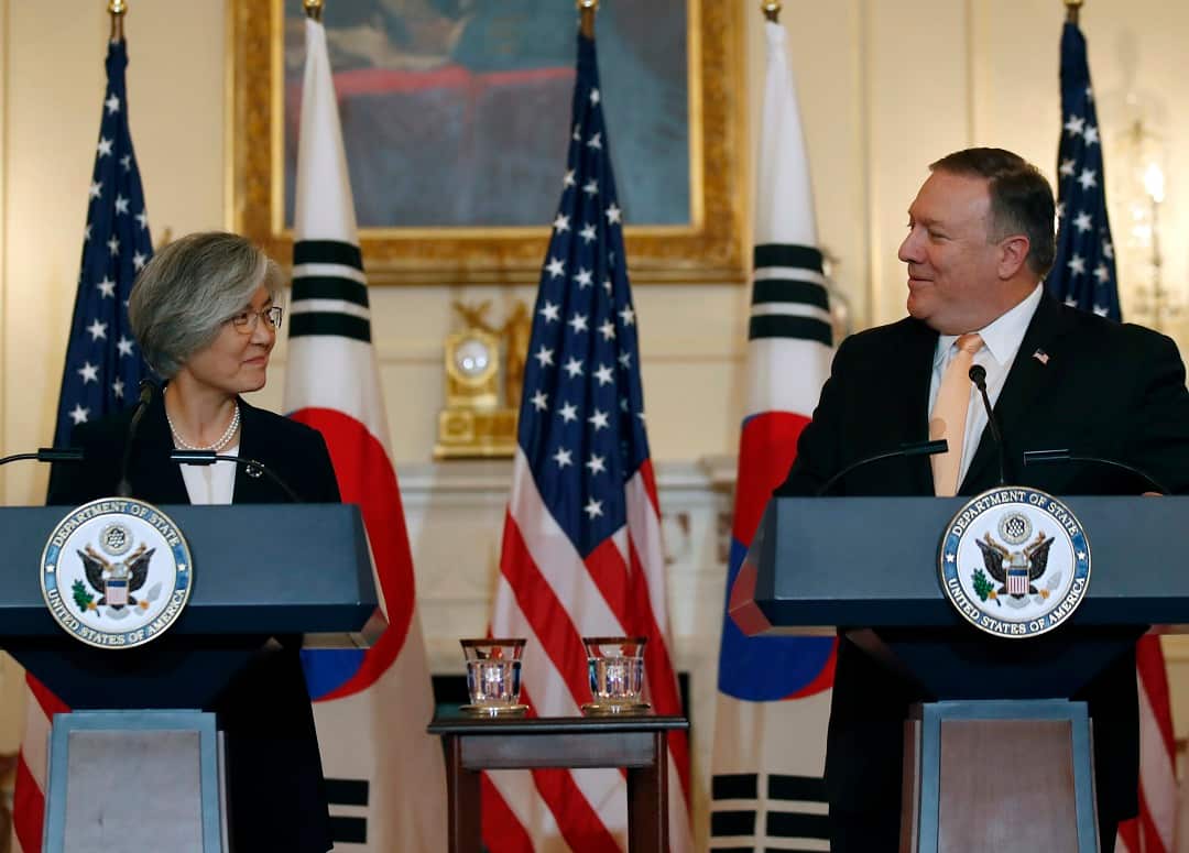 Secretary of State Mike Pompeo, right, speaks during a media availability with South Korean Foreign Minister Kang Kyung-wha at the State Department, Friday, May 11, 2018 in Washington. (AP Photo/Alex Brandon)