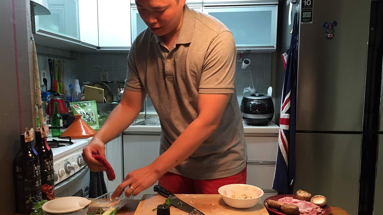 Men in South Korea do less housework than anywhere else in the developed world, but people like Chun Young Jae want to change that through cooking.