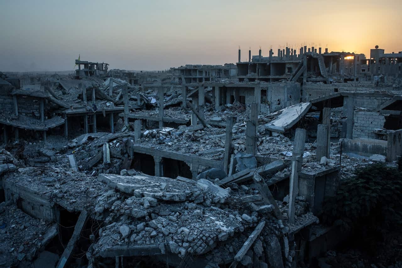 View of a heavily damaged neighborhood in Kobane, Syria, which had been targetted by a series of US-led coalition airstrikes aimed at Islamic State members.