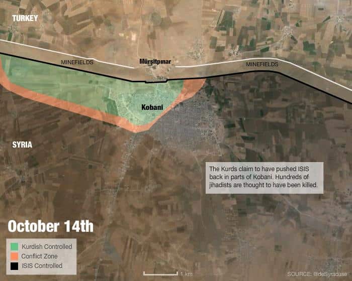 October 14, 2014: The Kurds claim to have pushed ISIS back in parts of Kobani. Hundreds of jihadists reportedly killed. (SBS)