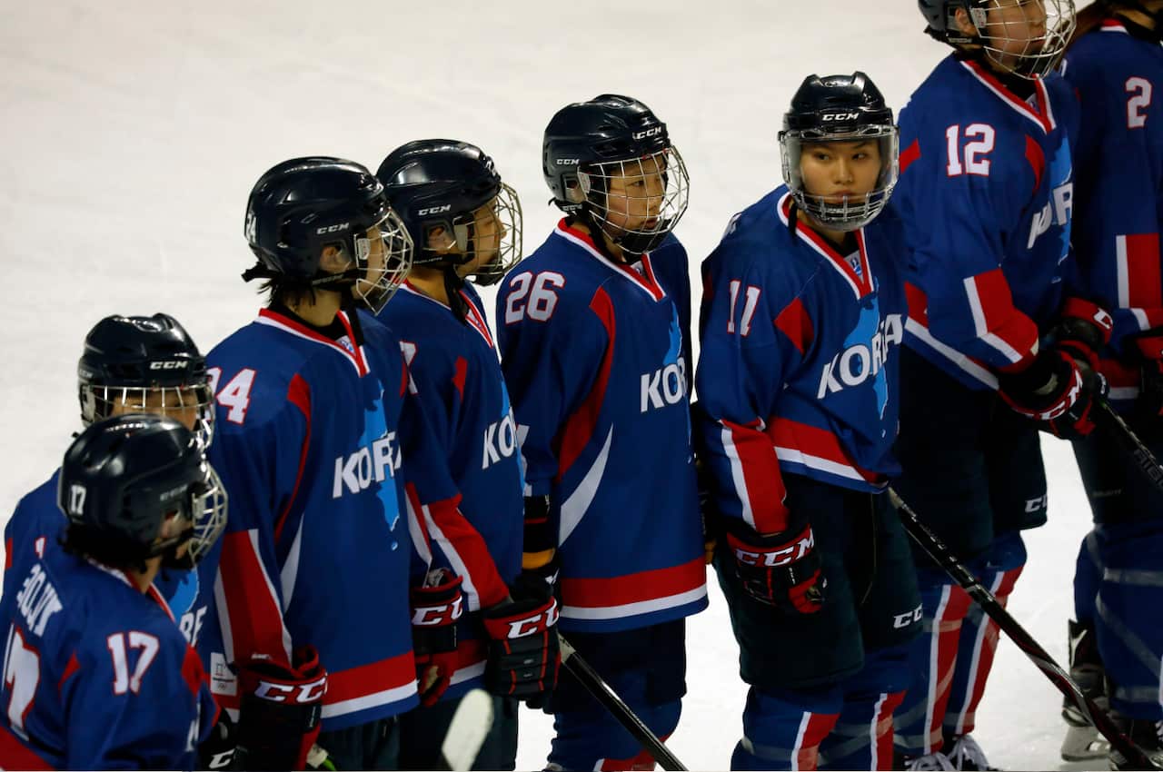 North and South Korean players line up to compete for the first time as a unified team.