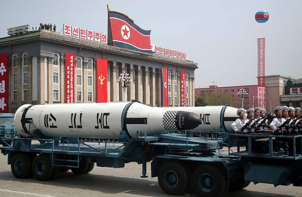 In this Saturday, April 15, 2017, file photo, a submarine-launched ballistic missile is displayed in Kim Il Sung Square during a military parade in Pyongyang