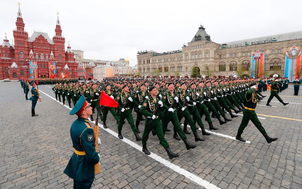 Russian servicemen march at Red Square during the Victory Day military parade in Moscow on May 9, 2017. (Getty)