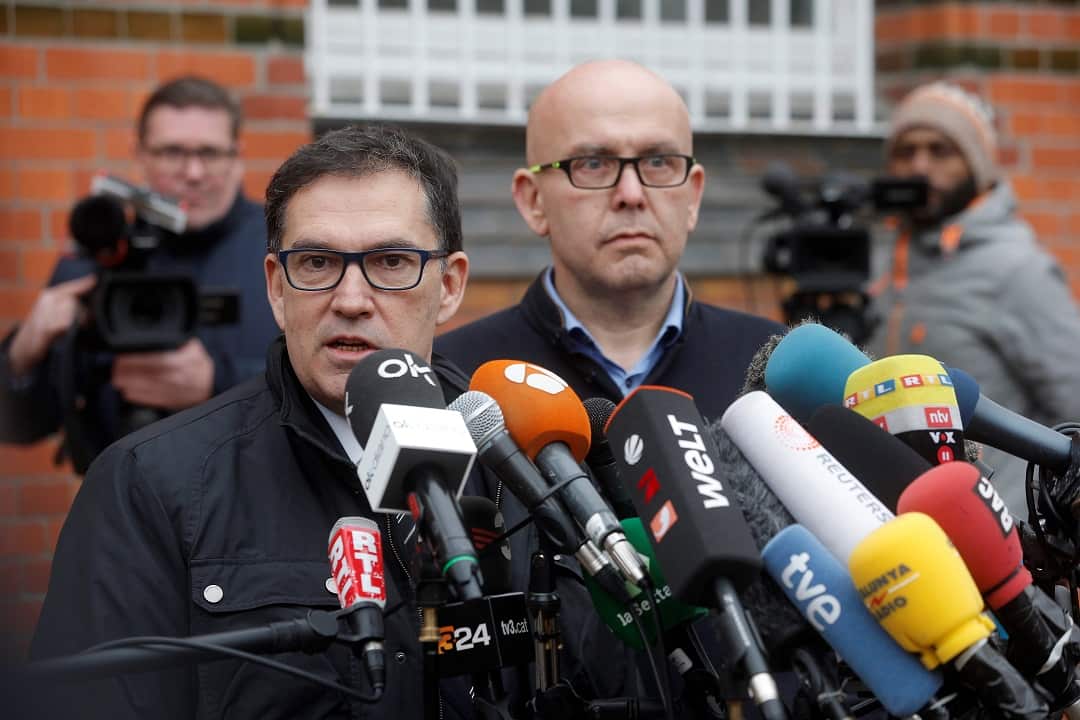 The lawyer of former Catalan leader Carles Puigdemont speaks to media at the Neumuenster correctional facility.