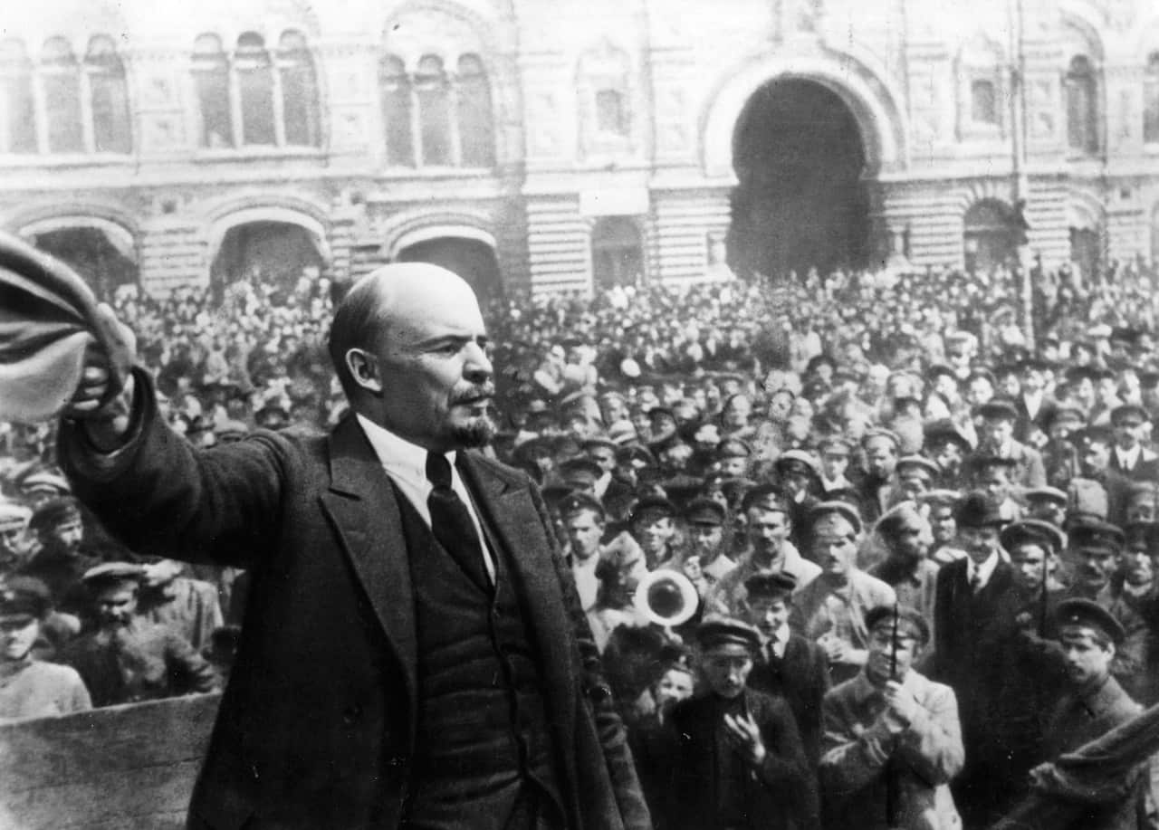 Vladimir Ilyich Lenin (1870 - 1924), Russian revolutionary, making a speech in Moscow.  