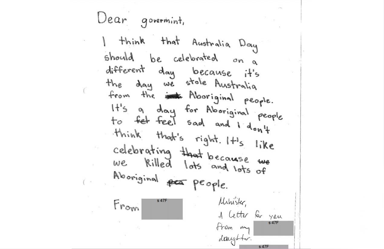 A letter from a young girl was among those sent to Nigel Scullion regarding the date of Australia Day.