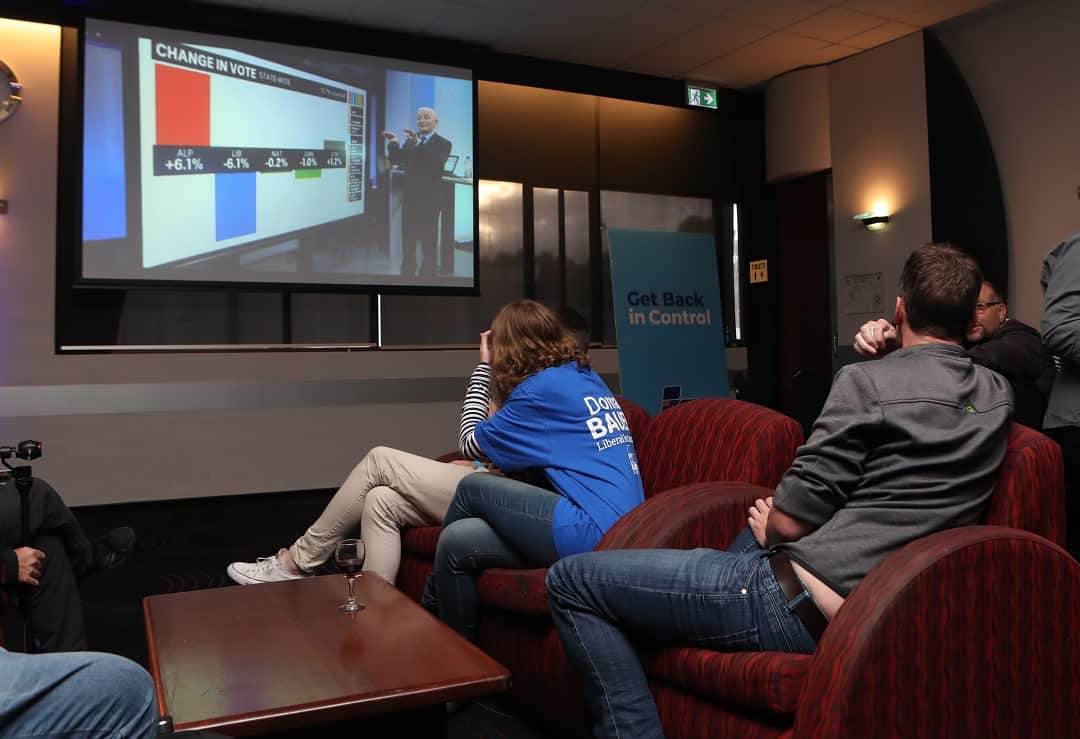 Liberal party supporters start to arrive and watch the results coming in during the Liberal Party reception on Victorian State election night in Melbourne, Saturday, November 24, 2018. (AAP Image/David Crosling) NO ARCHIVING