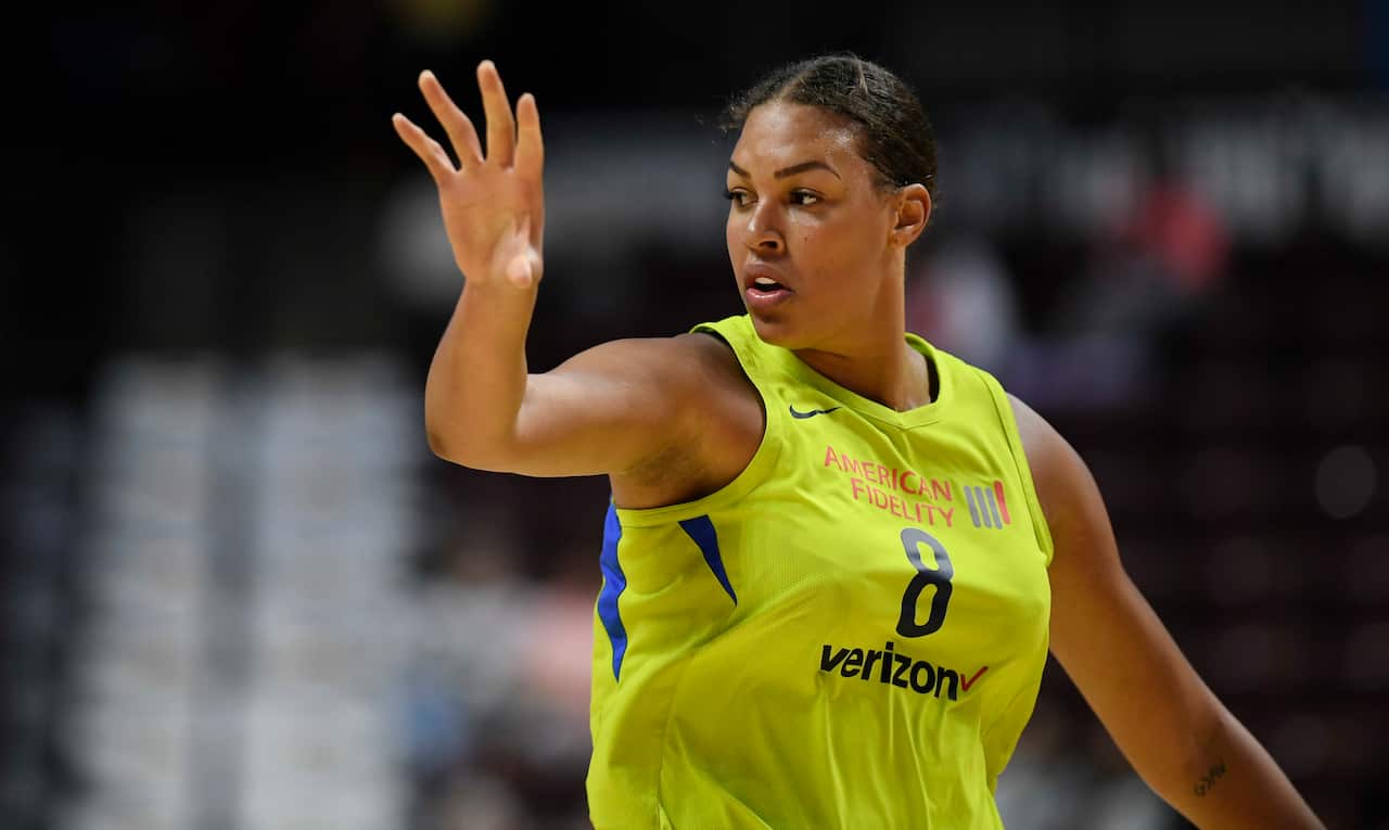 Dallas Wings' Liz Cambage during a preseason WNBA basketball game, Tuesday, May 8, 2018, in Uncasville, Conn. (AP Photo/Jessica Hill)