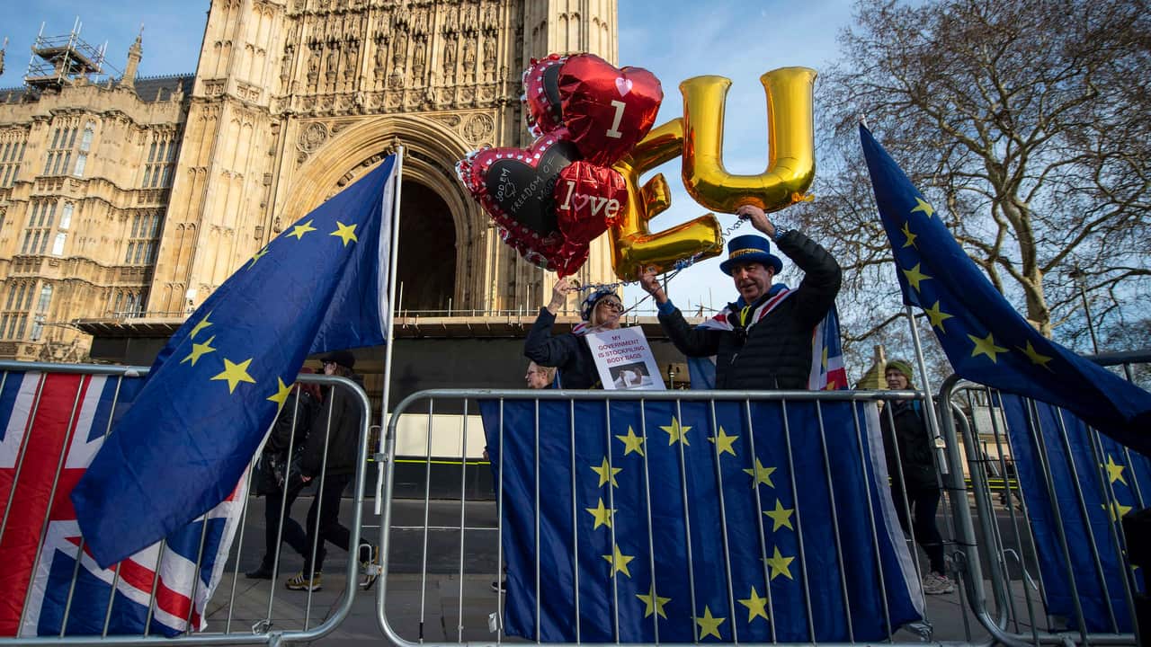 Pro-EU supporters protest outside Houses of Parliament, Central London, Britain.