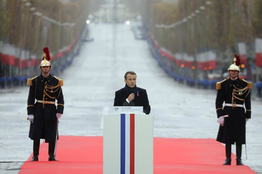 French President Emmanuel Macron delivers a speech during the international ceremony for the Centenary of the WWI Armistice.