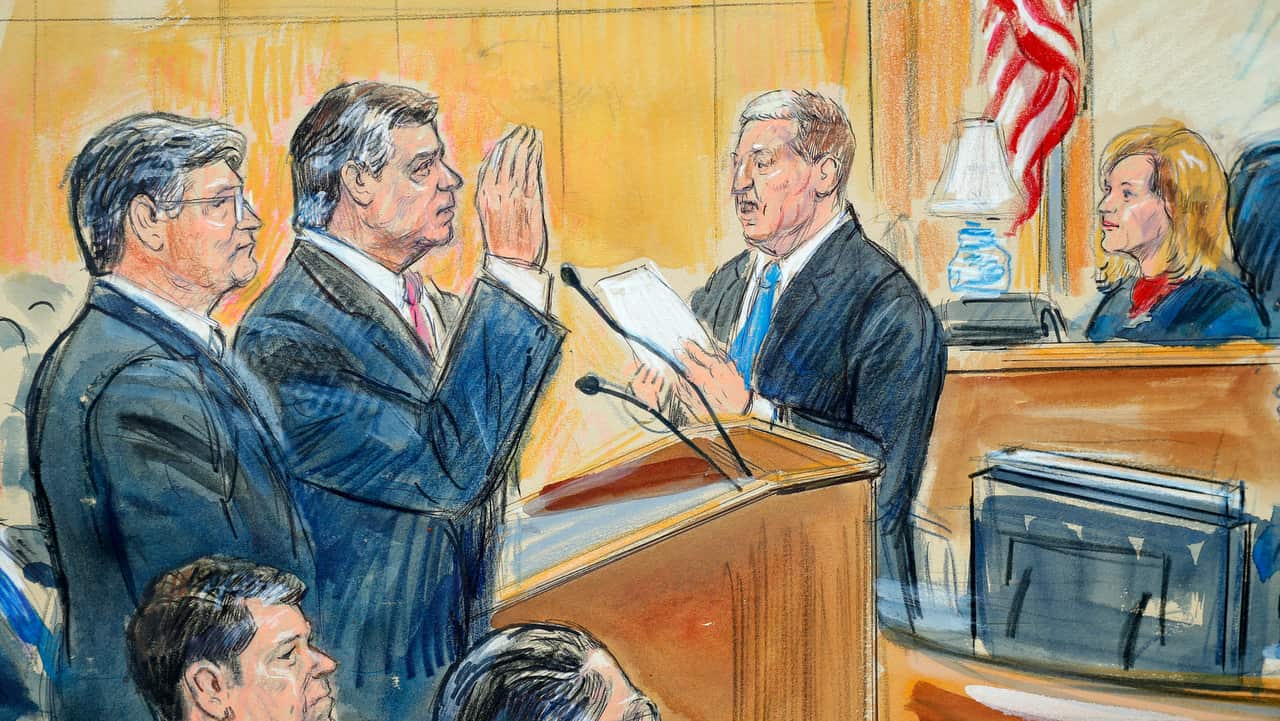 This courtroom sketch depicts former Donald Trump's campaign chairman Paul Manafort, second from the left.