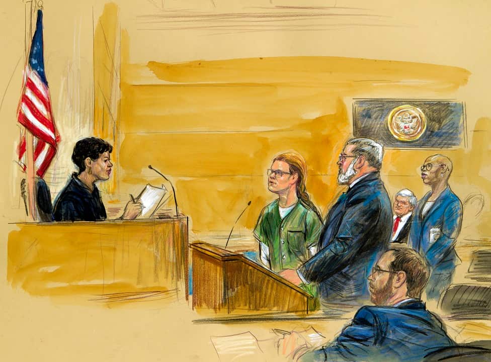 A courtroom sketch shows Maria Butina, centre, before US District Judge Tanya Chutkan.