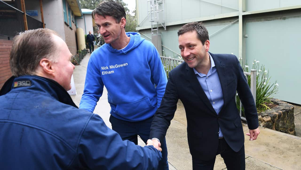 Liberal candidate for Eltham Nick McGowan and Victorian Opposition Leader Matthew Guy at the Cherborne Primary School voting centre.