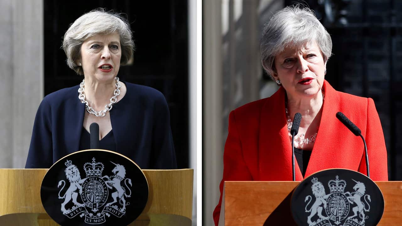 On the left, Theresa May on the day she became British prime minister and on the right, May pictured on 24 May, 2019.