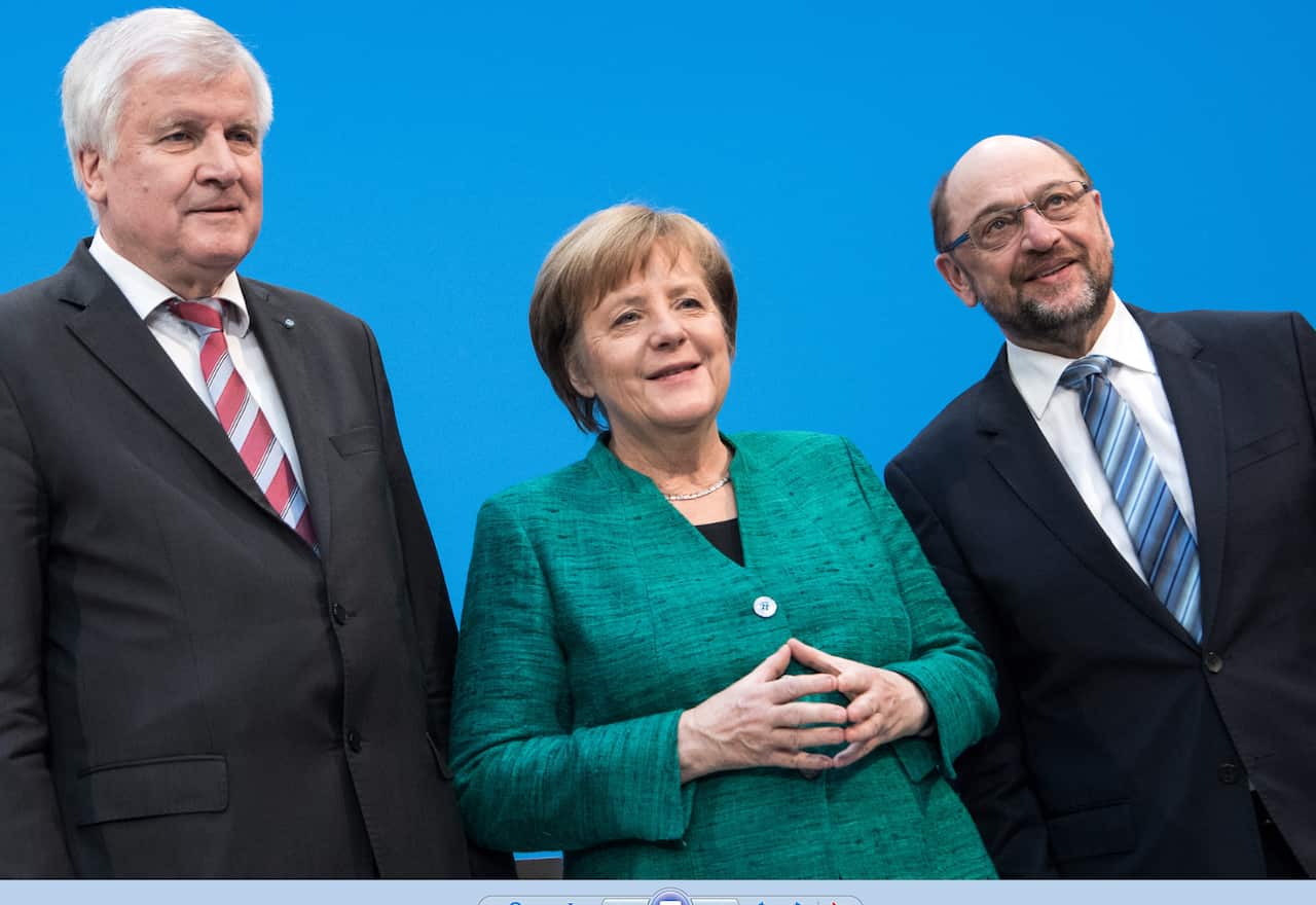 Horst Seehofer, Chairman of the Christian Social Union, German Chancellor Angela Merkel, of the CDU and Martin Schulz of the Social Democratic Party. 