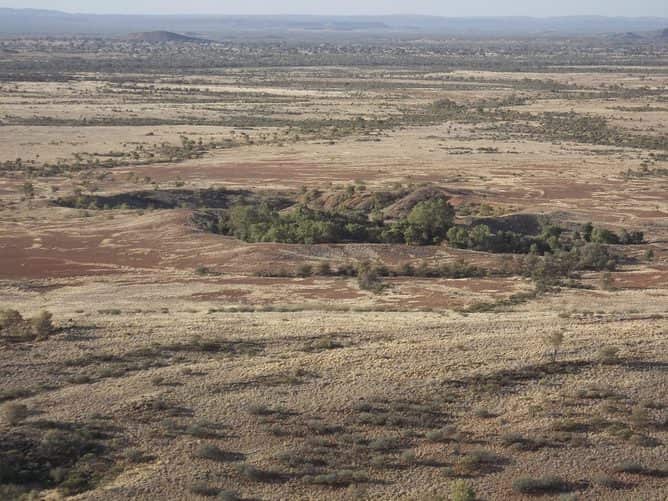 A cluster of the largest craters at Henbury, as seen from the nearby Bacon Range.
