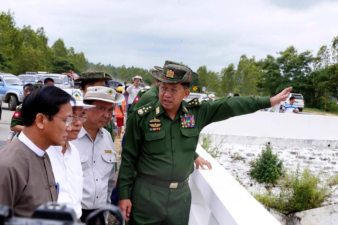 Myanmar's Senior General Min Aung Hlaing inspect a bridge near Naypyitaw.