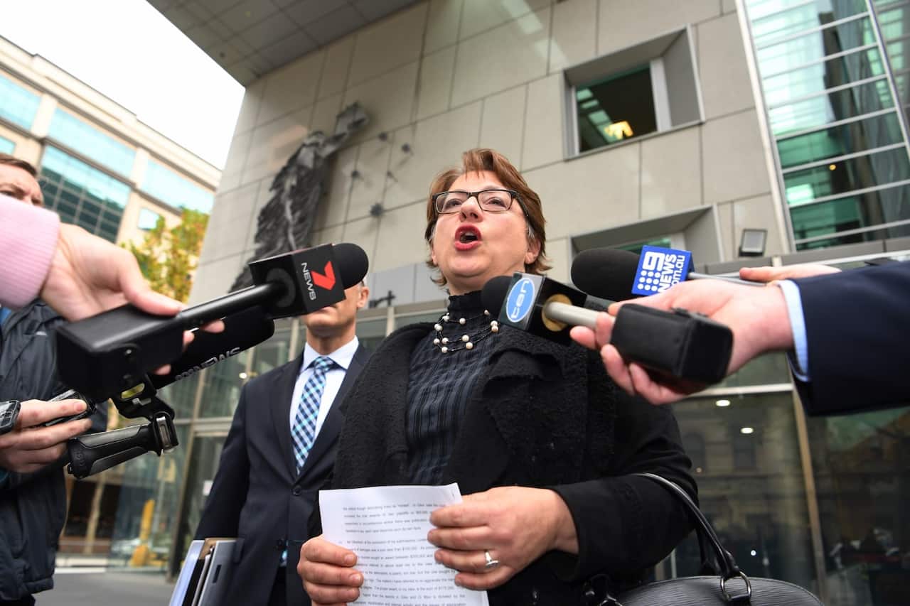 Former Liberal frontbencher Sophie Mirabella addresses the media outside the Victorian County Court, Wednesday, 16 May, 2018.