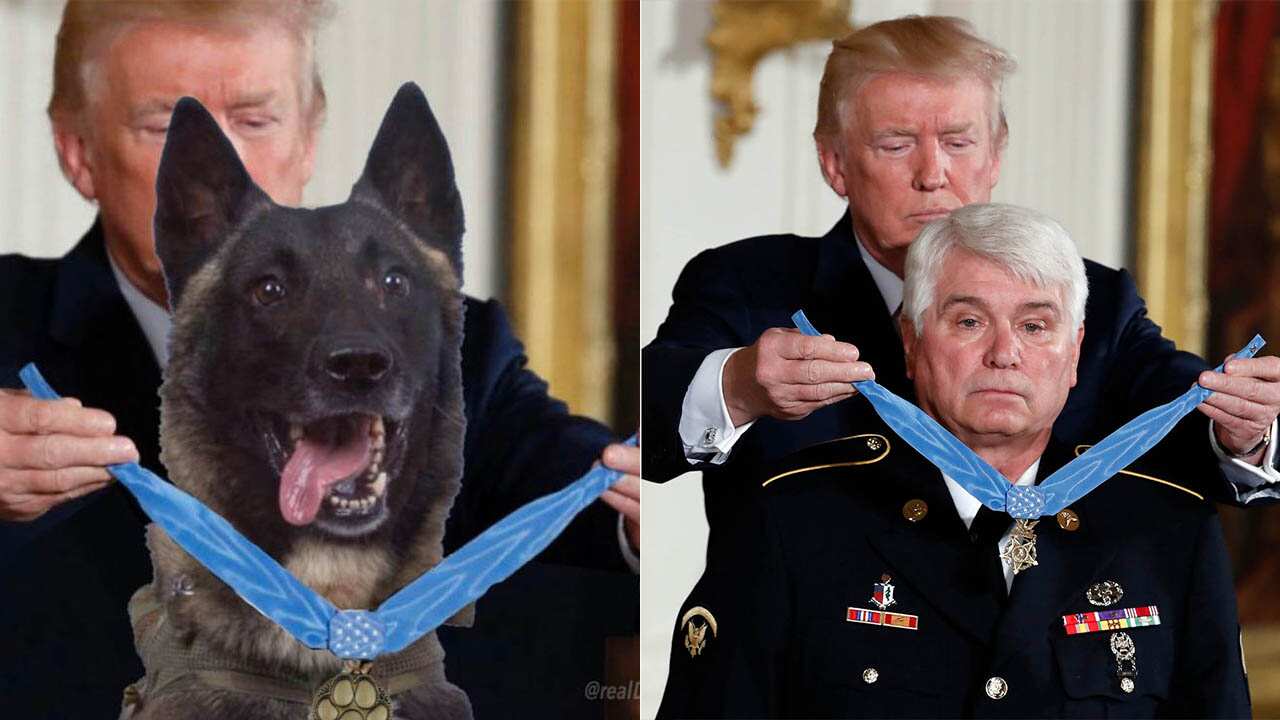 The doctored image, released by Mr Trump via Twitter, and the original photo of the president awarding the Medal of Honour.