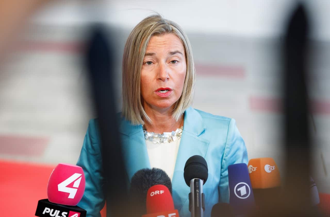 High Representative of the European Union for Foreign Affairs and Security Policy Federica Mogherini talks to the media