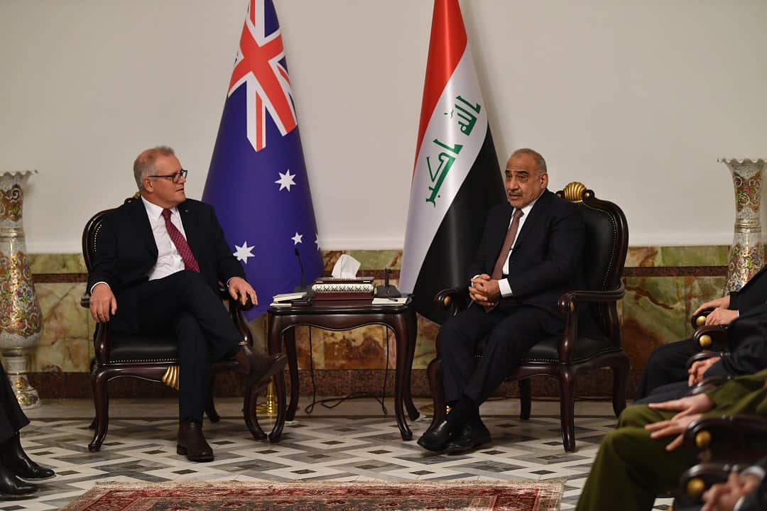 Australian Prime Minister Scott Morrison is seen with the Iraqi Prime Minister Adil Abdul-Mahdi during bilateral meetings at the Prime Minister's Palace in Baghdad, Iraq, Wednesday, December 19, 2018. (AAP Image/David Mariuz) NO ARCHIVING