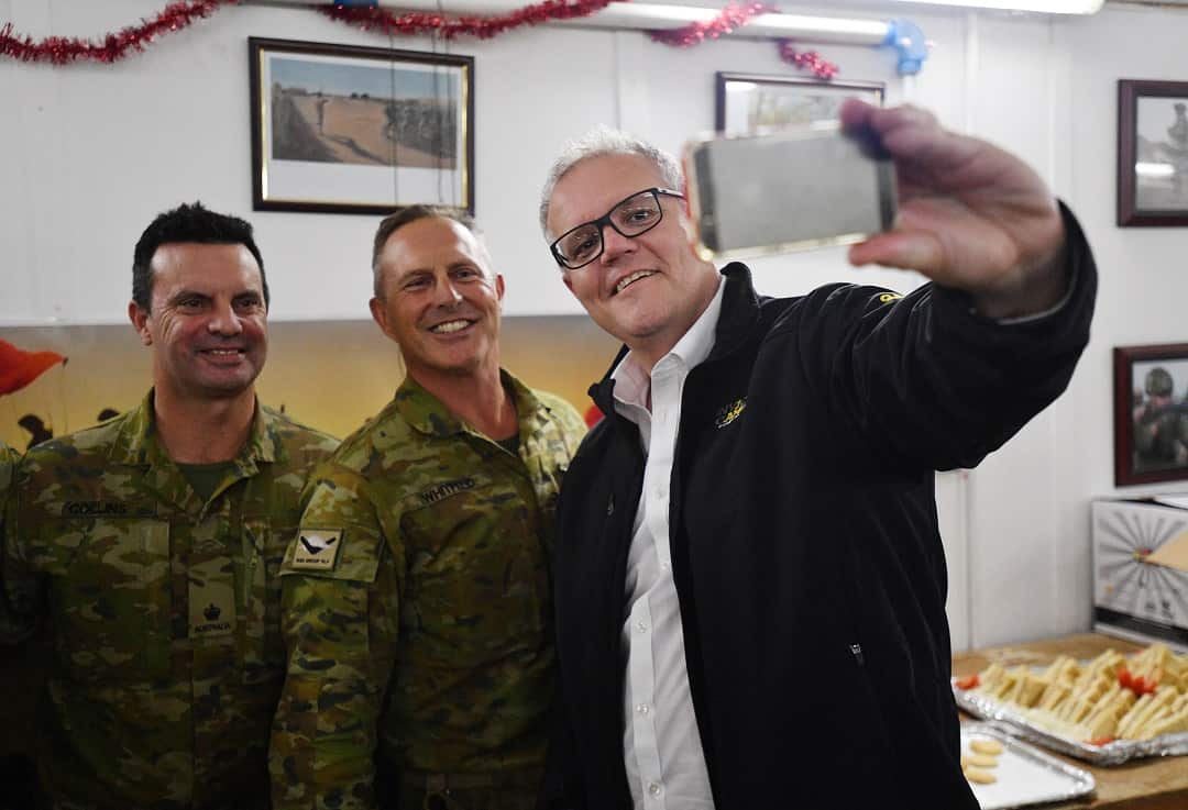 Australian Prime Minister Scott Morrison is seen during a visit to Task Group Taji at Taji Military Complex in Iraq, Wednesday, December 19, 2018. (AAP Image/David Mariuz) NO ARCHIVING