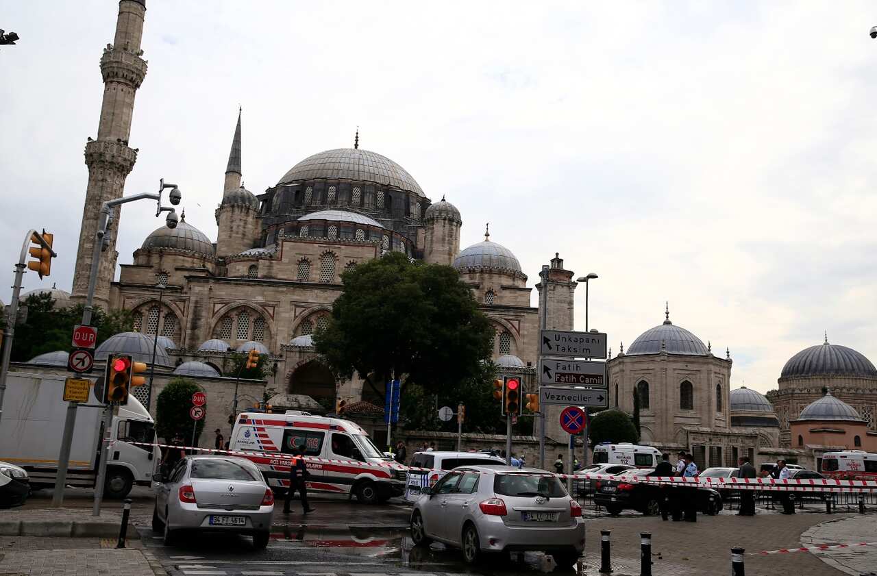Turkish police gather at the scene of an explosion in Istanbul, Tuesday, June 7, 2016. (AAP)