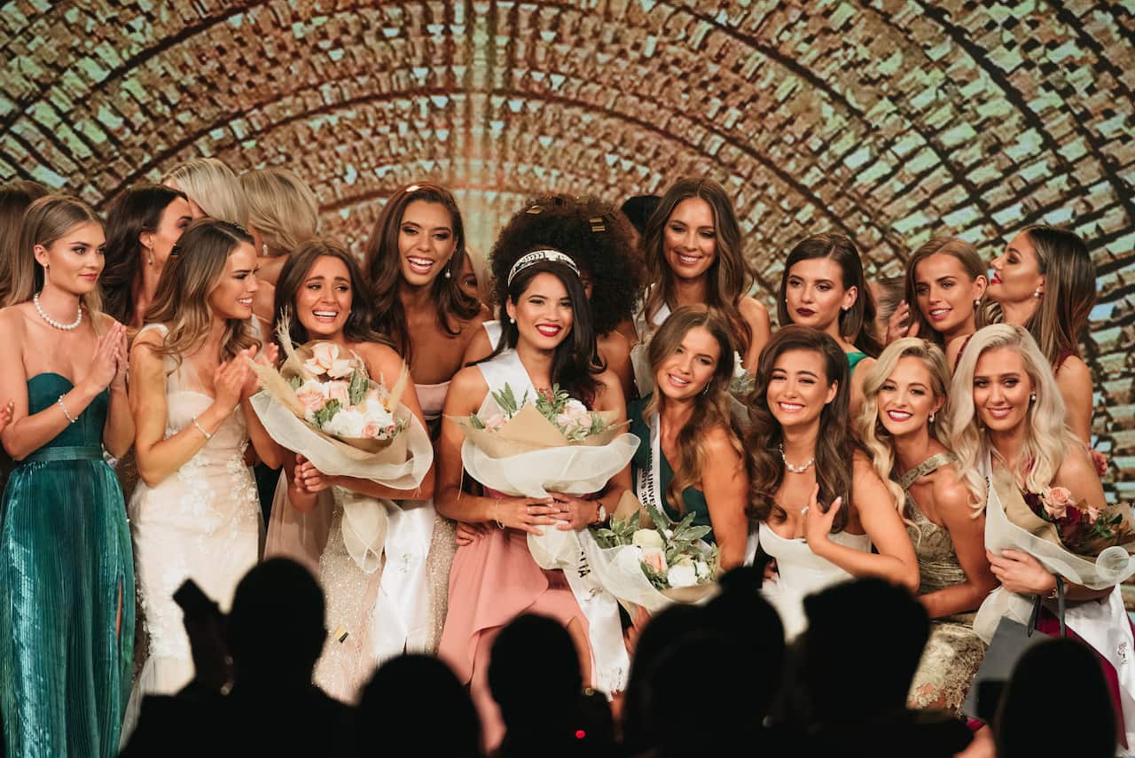 Priya Serrao with finalists at the Miss Universe Australia pageant. 