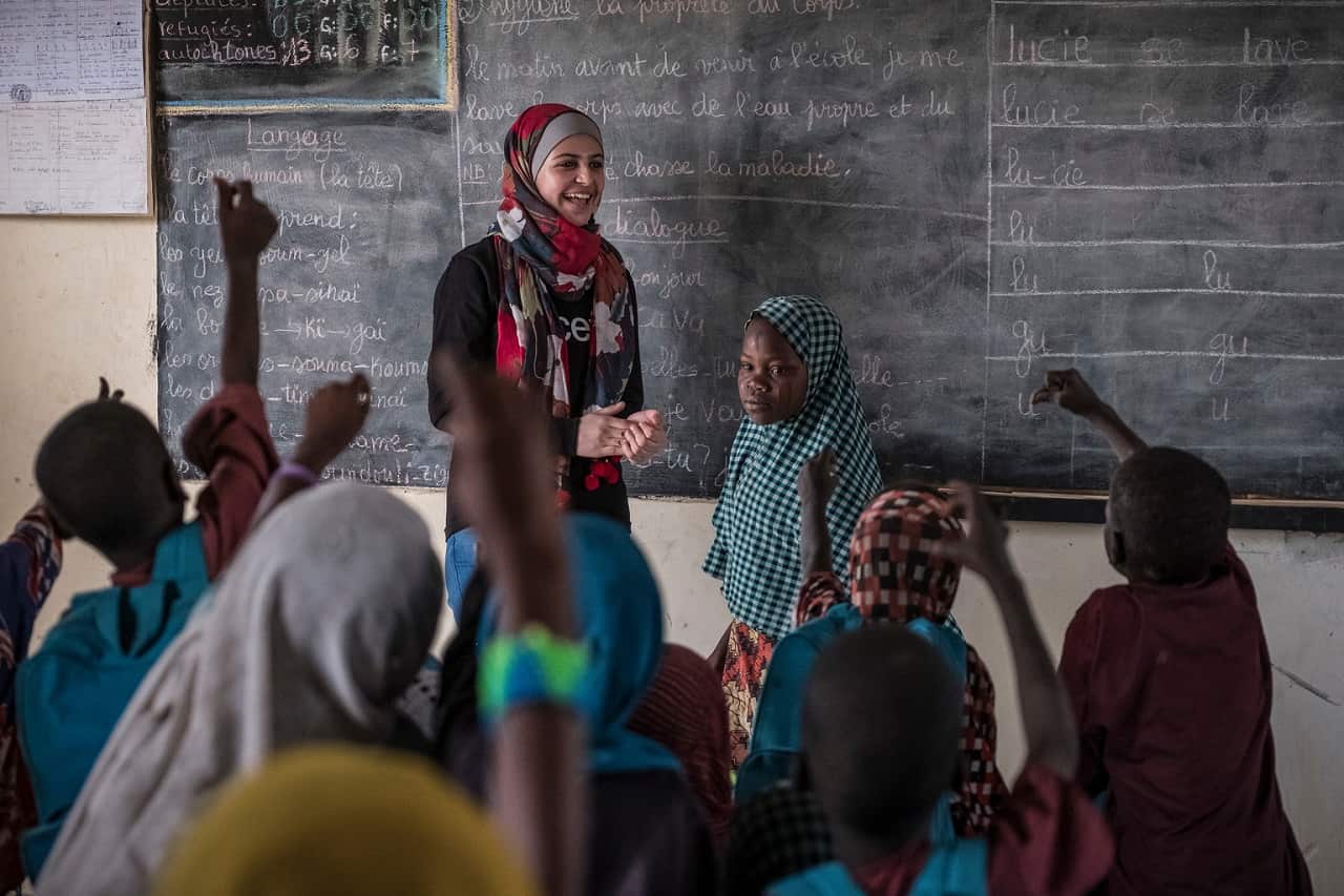 Syrian refugee and education activist Muzoon Almellehan the Kousseri internally displaced peoples site in the Lake Region, Chad, 
