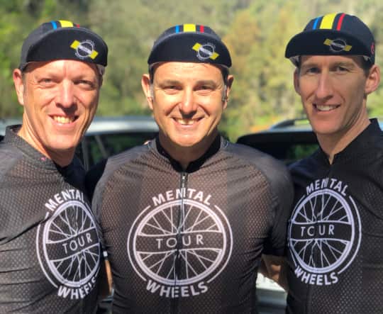 Gareth Pike, Michael Tomalaris and Clinton Hill ride to raise funds for mental health.