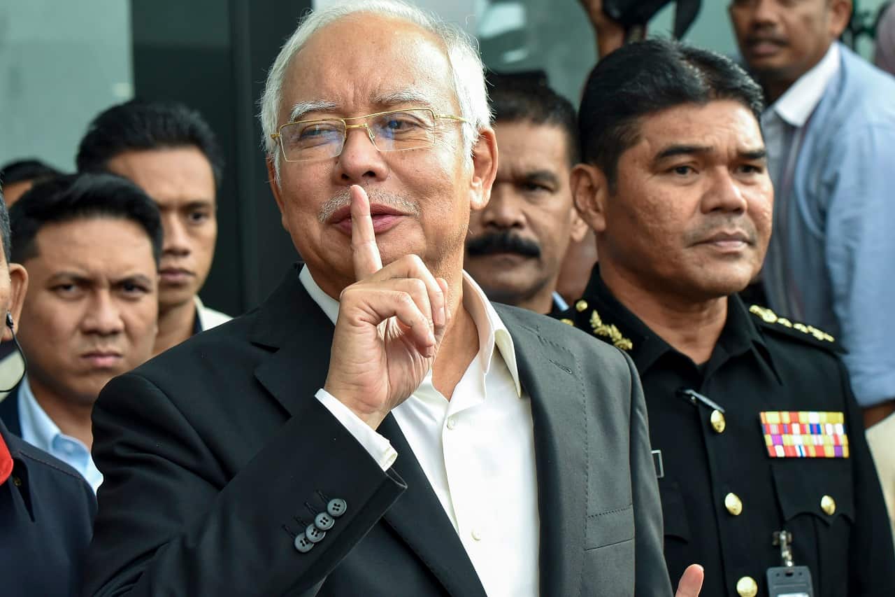 Malaysia's former prime minister Najib Razak speaks to press at the Malaysian Anti-Corruption Commission in May.