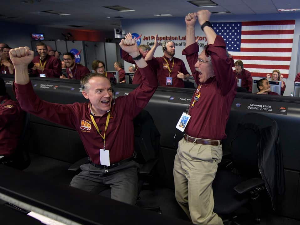 Mars InSight team members Kris Bruvold, left, and Sandy Krasner.