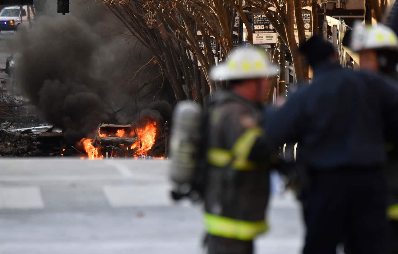 A vehicle is on fire after an explosion in Nashville, Tennessee.