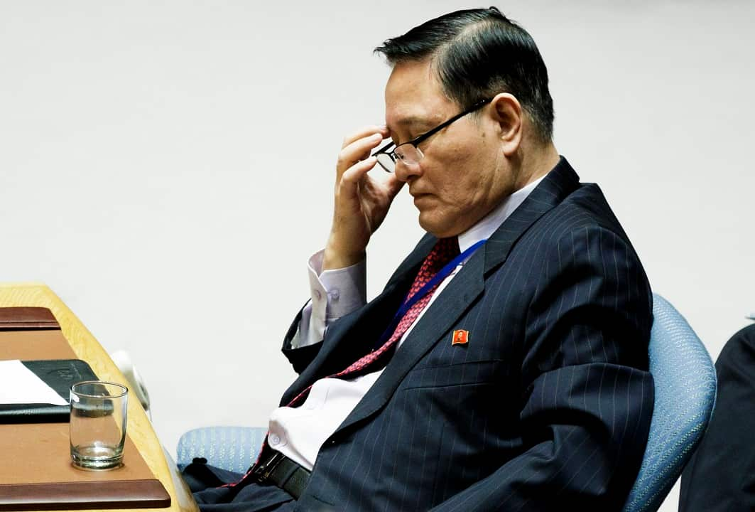 North Korean Ambassador to the United Nations Ja Song Nam listens as United States Secretary of State Rex Tillerson speaks.