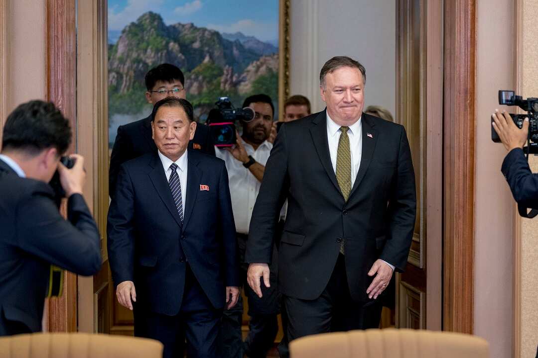 US Secretary of State Mike Pompeo, right, and Kim Yong Chol, left, a North Korean senior ruling party official and former intelligence chief.