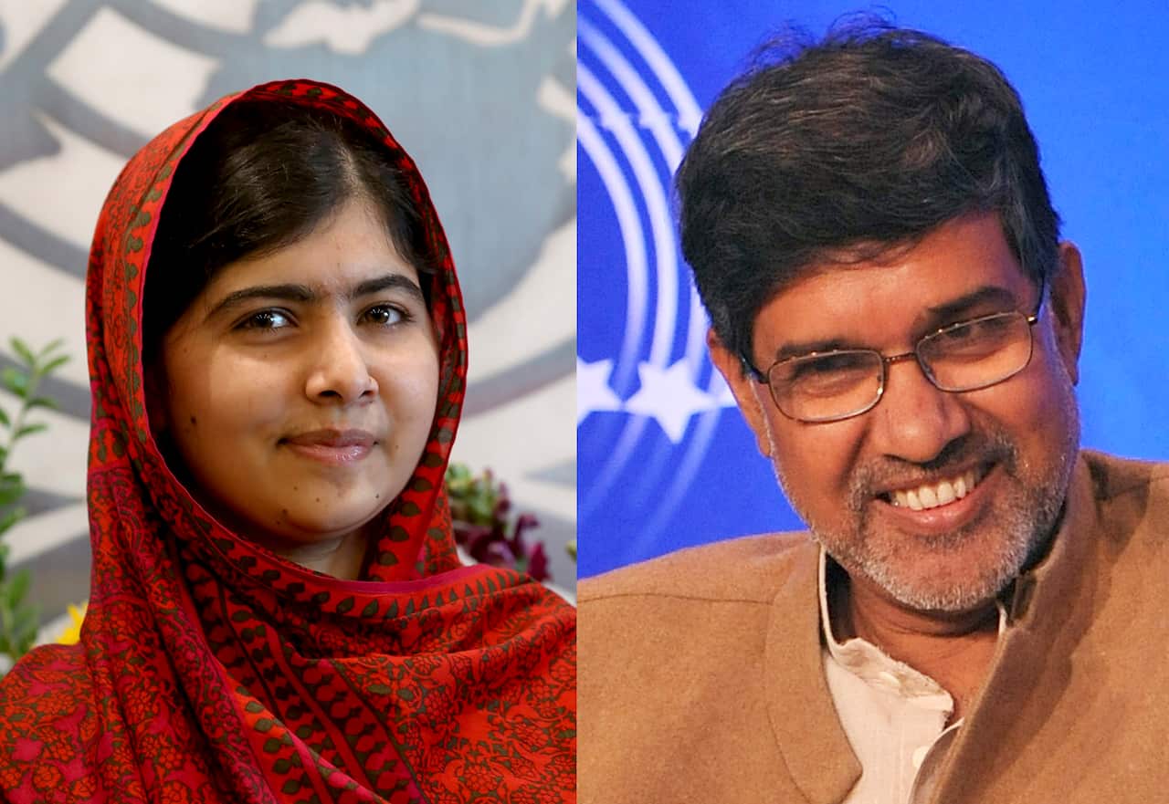 Nobel Peace Prize recipients Pakistan's Malala Yousafzay and India's Kailash Satyarthi.