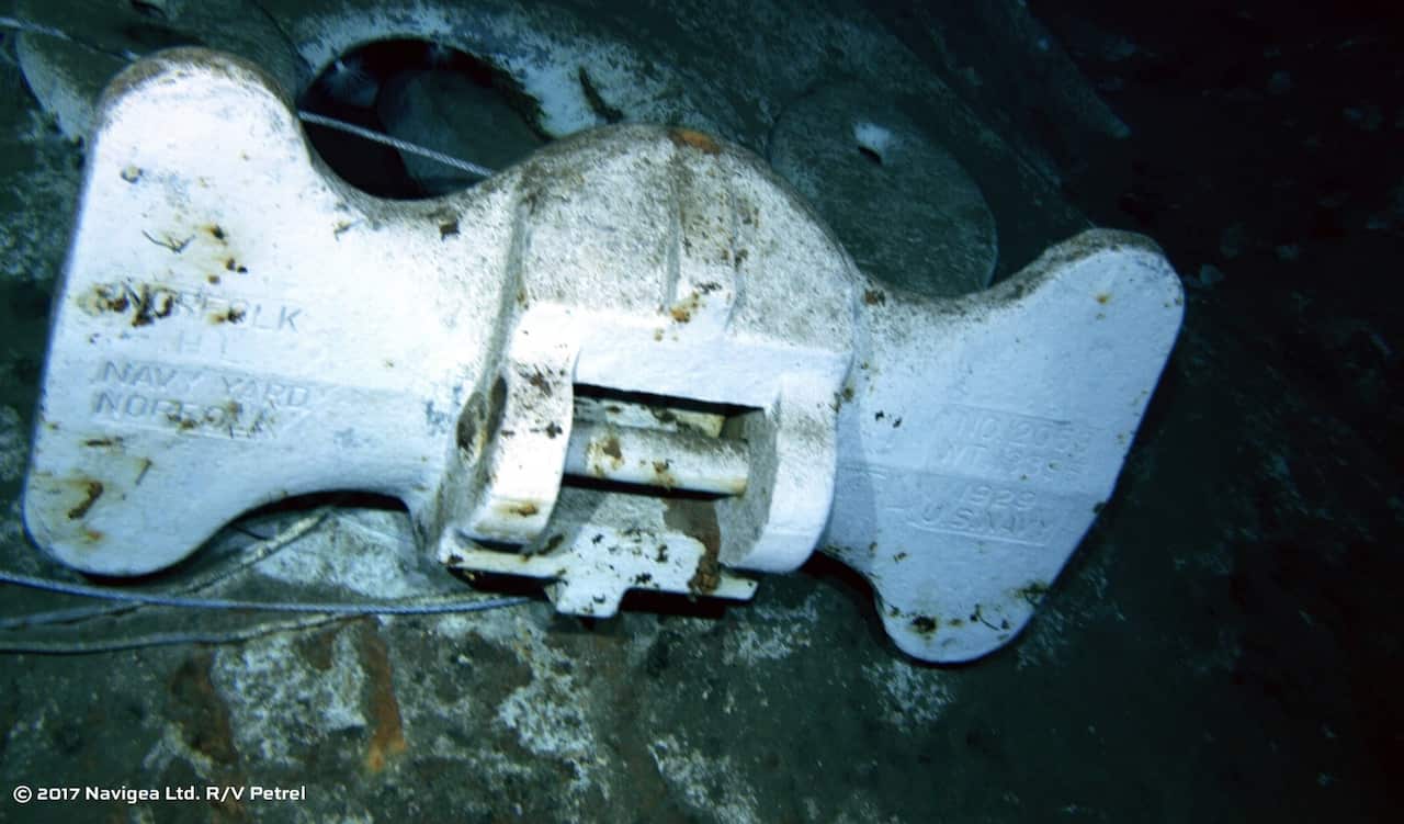 The bottom of an anchor clearly marked 'U.S. Navy' and 'Norfolk Navy Yard.' (AAP)