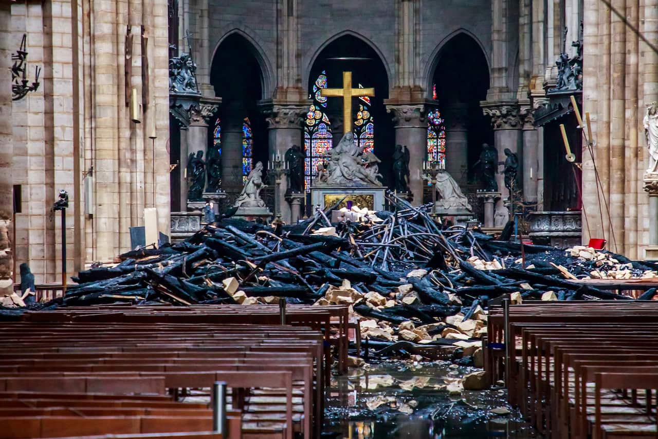 The damaged interior of Notre Dame Cathedral in Paris on Tuesday, April 16, 2019.