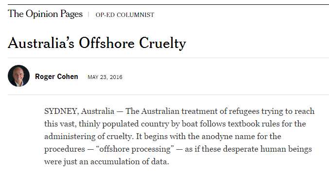 A screenshot of the New York Times website showing Roger Cohen's article, Australia's offshore cruelty