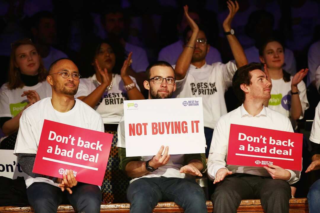 Pro-remain protesters take part in a rally rejecting the the Prime Minister's Brexit deal.