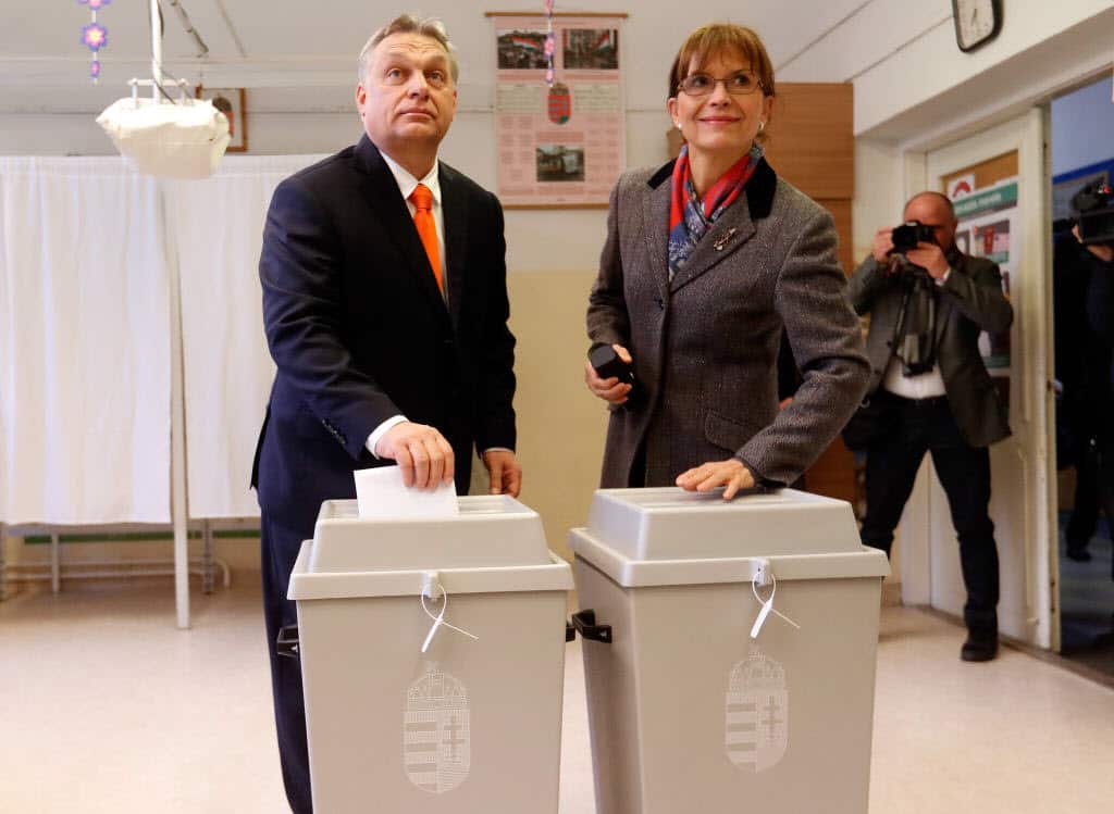Hungarian Prime Minister Viktor Orban and his wife Aniko Levai cast their ballots on April 8,2018, in Budapest, Hungary.
