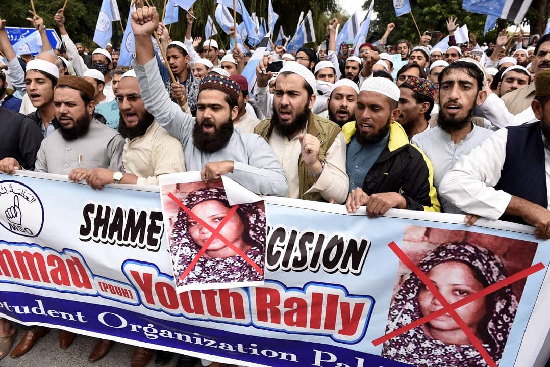 Supporters of Islamic political parties protest for the second consecutive day, after the Supreme Court acquitted a Christian woman accused of blasphemy.