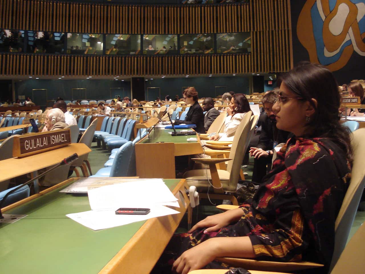 In a photo from Saba Ismail, Gulalai Ismail, who was invited to give a statement on gender equality, at the United Nations in June 2010.  (Saba ismail via The New York Times)